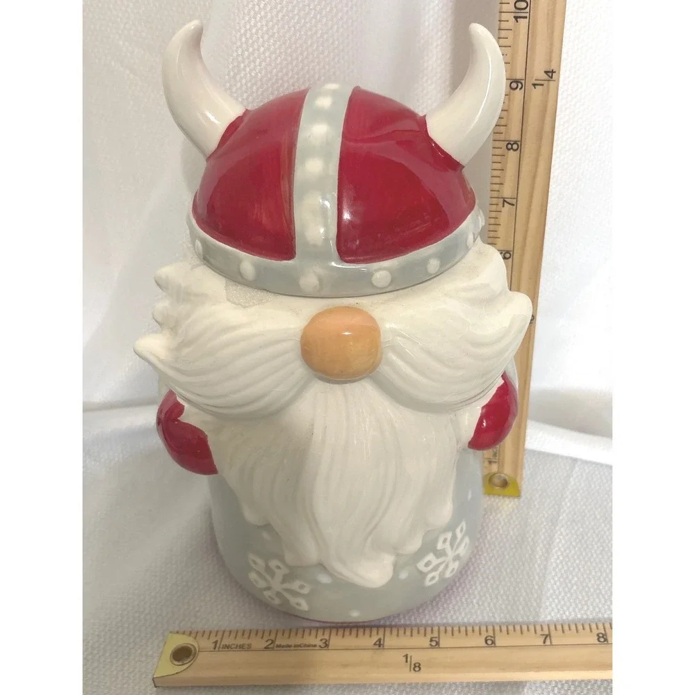 Sleigh Bell Bistro Viking Gnome Ceramic Cookie Jar Grey Red Snowflake Christmas